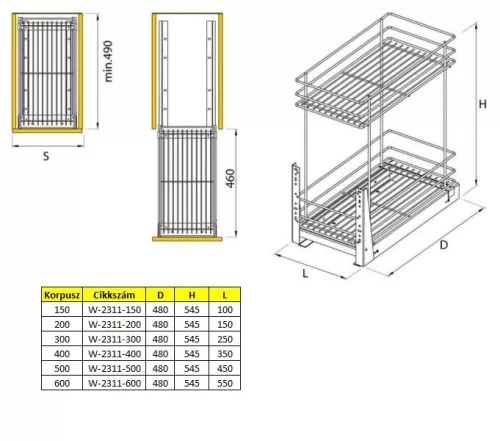 Nomet fenékre szerelhető 2 polcos kosár - W-2311M-150-P22