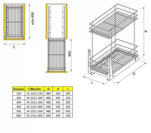 Nomet fenékre szerelhető 2 polcos kosár - W-2311M-500-P22
