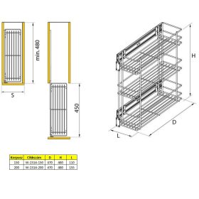Nomet oldalra szerelhető 3 polcos kosár - több méretben
