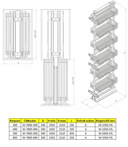 Nomet kamravasalat - 1910-2110 mm magas - több méretben
